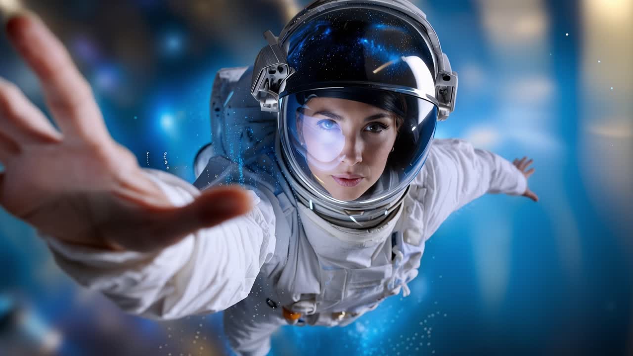 An Astronaut in a Futuristic Space Setting Reaches Out with an Expression of Wonder and Exploration in a Captivating Cosmic Environment