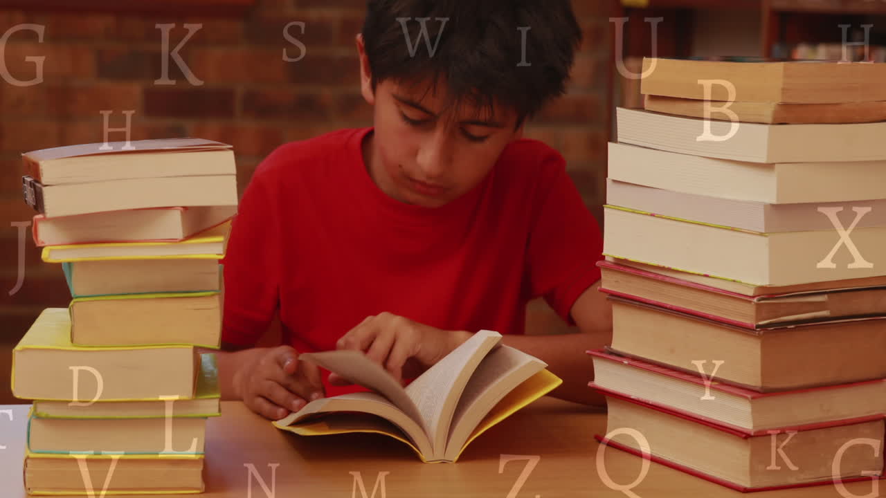 Animation of letters over biracial boy reading book