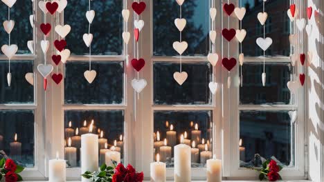 romantic window decor with candles and hearts