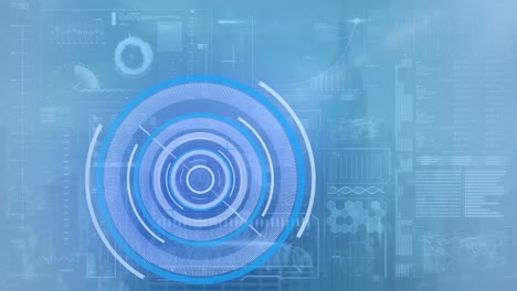 Animation-of-digital-interface-showing-circular-scope-scanning-with-information-and-data-on-blue