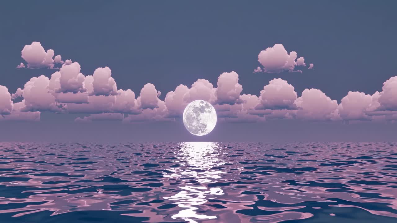 A serene video scene with a low-angle view of a full moon reflecting on calm ocean waters video