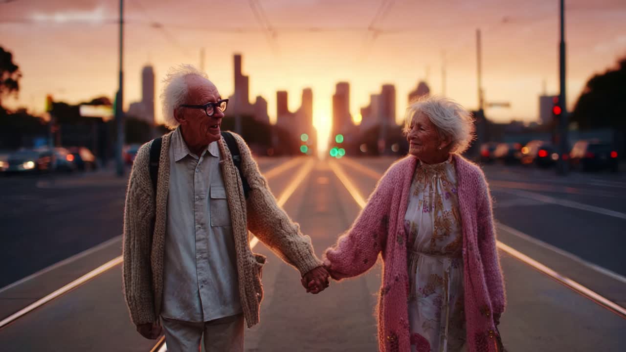 A Heartwarming Sunset Stroll: Elderly Couple Holding Hands While Walking Together Along City Streets, Illuminated by Golden Light and Surrounded by Urban Silhouettes