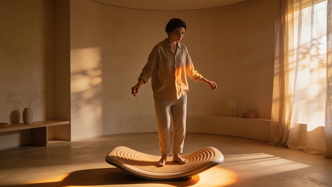 Uomo con i piedi in movimento, proteso in avanti, che indossa una camicia, in equilibrio su una tavola in uno studio caldo, con la luce del sole che si sposta.