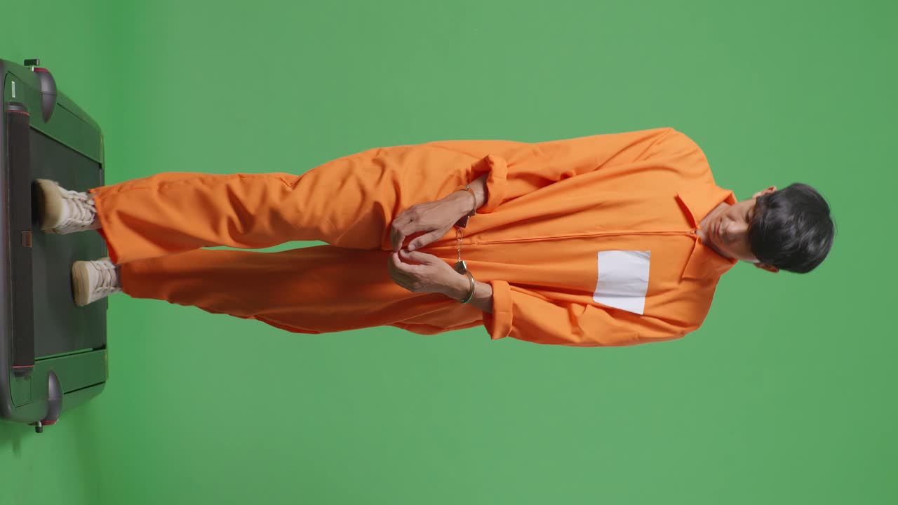 Full Body Of Asian Male Prisoner In Handcuffs Walking On The Green Screen Background