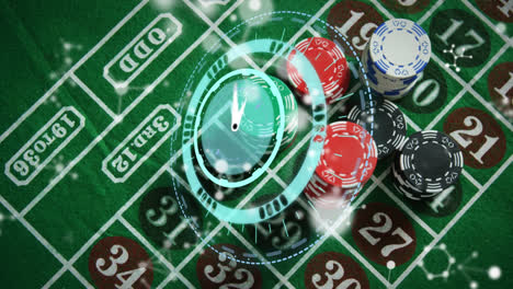 animation of clock with turning hands, over white networks and poker chips stacked on gambling table