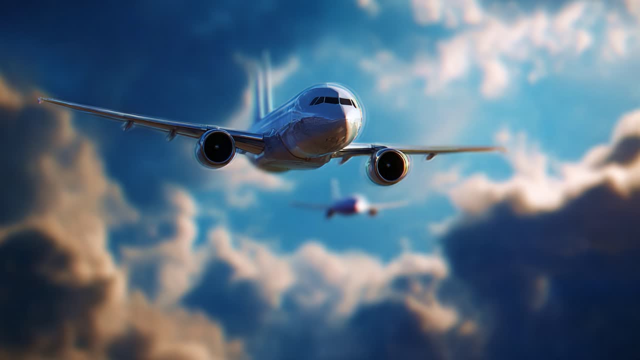 Una veduta spettacolare di un aereo che vola attraverso un cielo bellissimo, catturando l'essenza del volo e dell'avventura tra nuvole soffici e raggi dorati