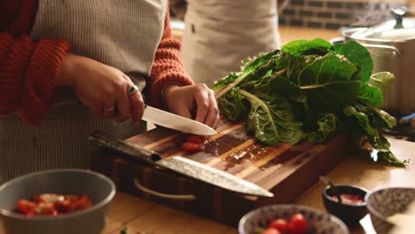 woman cooking in a kitchen, chopping vegetables on a wooden cutting board