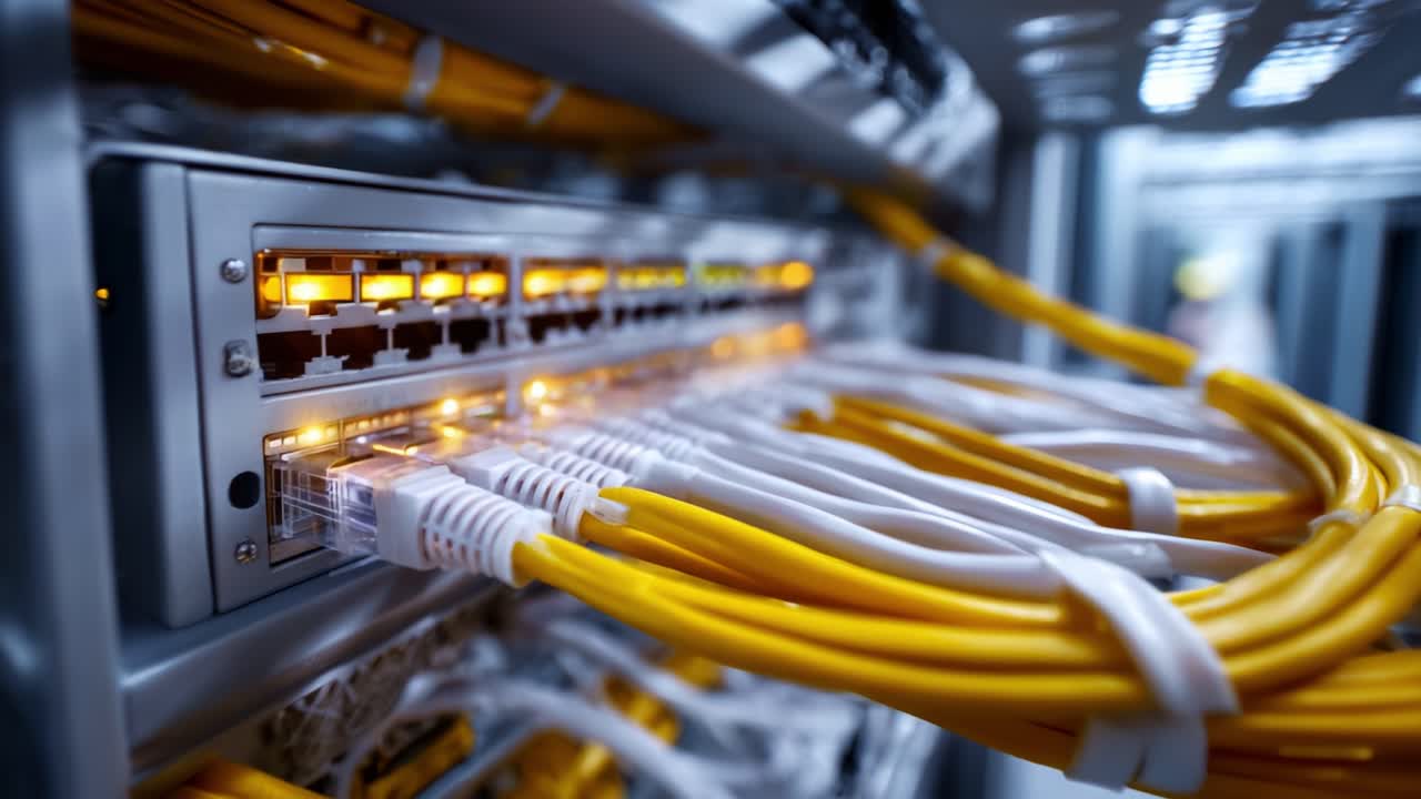 Close-Up on Network Switch with Ethernet Cables: Illuminated Ports and Yellow Cables in an Organized Server Rack, Showcasing Modern Connectivity Infrastructure