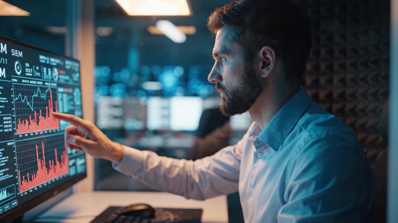 Focused Professional Analyzing Data Visualizations on a Computer Screen in a Modern Office Environment with Advanced Technology and Analytics Tools