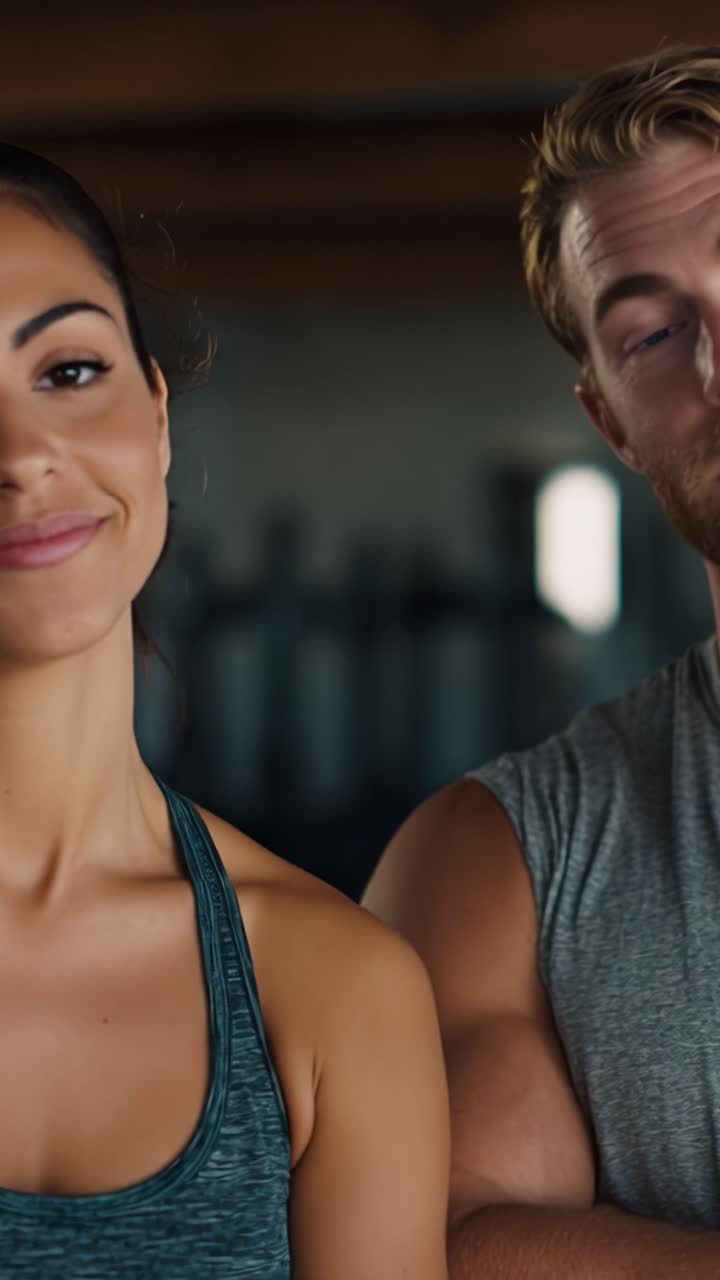 Um momento alegre capturado durante uma sessão de fitness, mostrando um homem confiante sorrindo e uma mulher empoderada praticando mindfulness pós-exercício