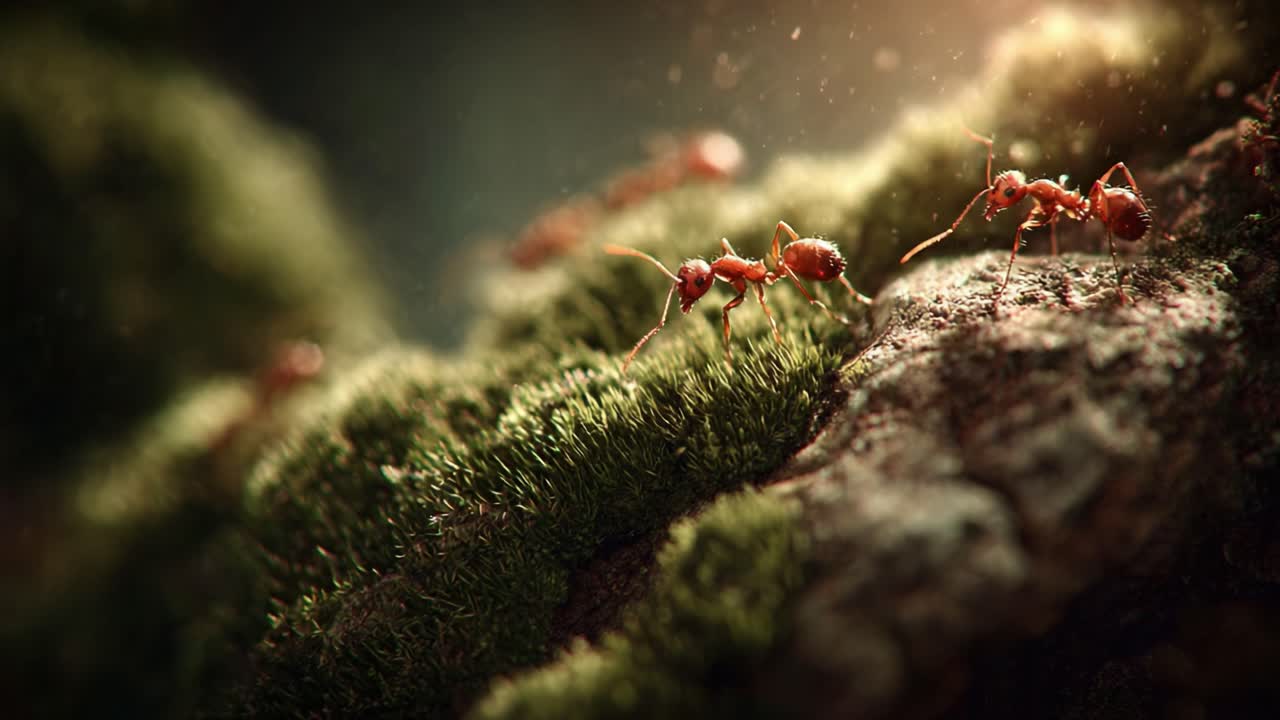 A Close-Up Journey into the World of Ants: Captivating Details of Ants Moving Across a Mossy Terrain, Showcasing Nature's Intricate Ecosystem and Their Busy Lives