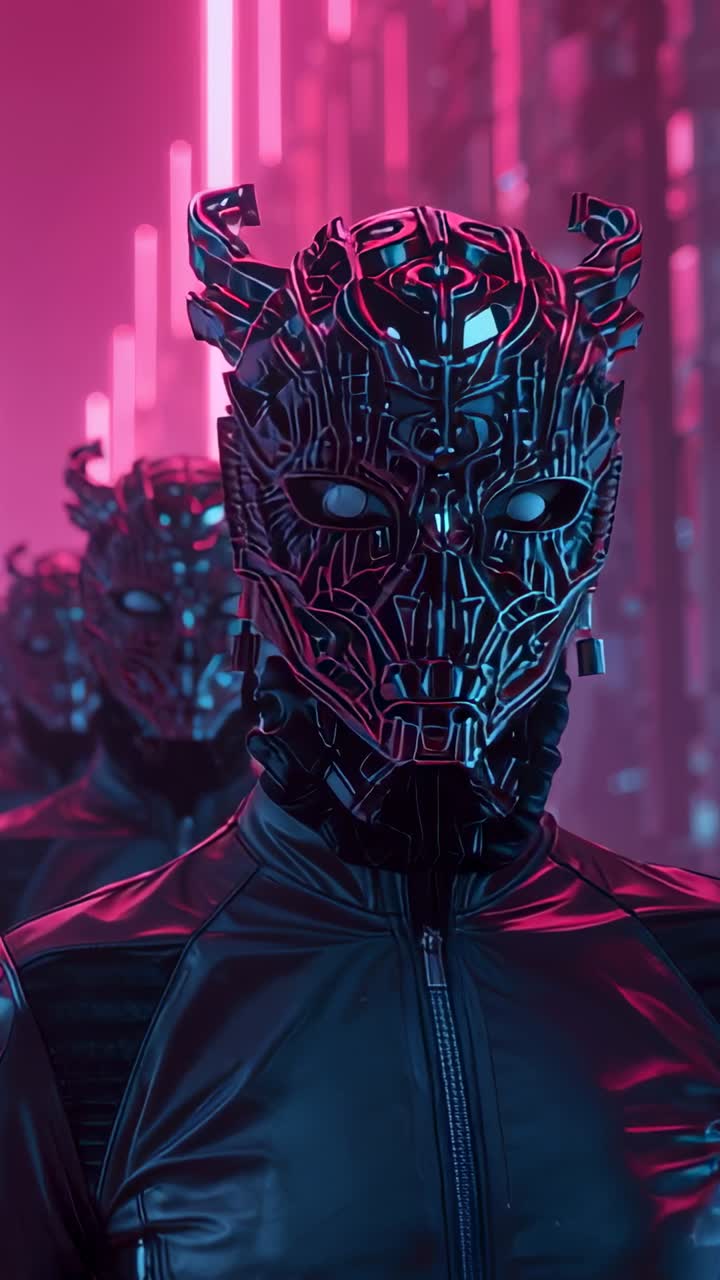 Vertical video: Camera zooming on suit-clad figure in neon hall, panning to profile, revealing mask