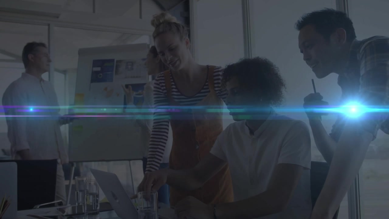Animation of glowing light moving over business people working in office