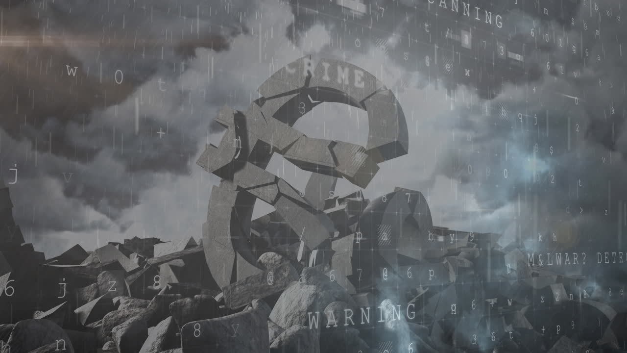 Digital animation of online security data processing over broken euro symbol against night sky