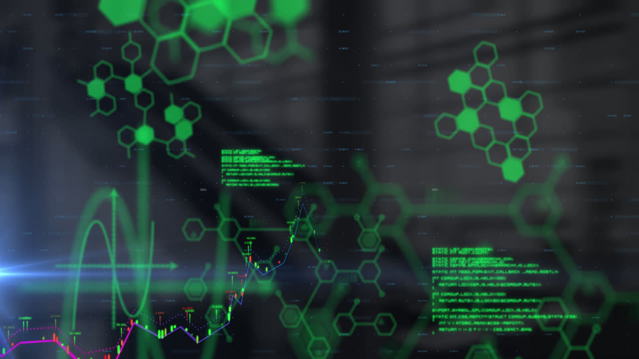 animación del procesamiento de datos con una red de hexágonos sobre un edificio moderno