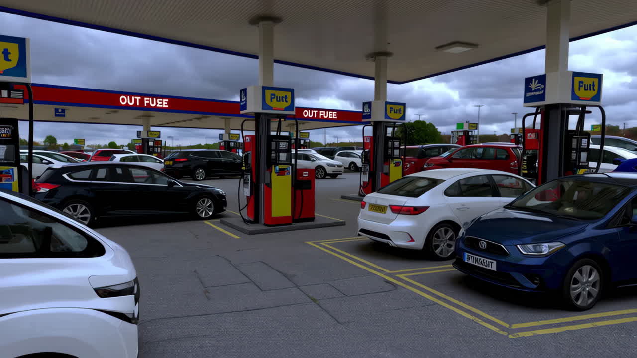 Gas Station with Multiple Fuel Pumps and Vehicles