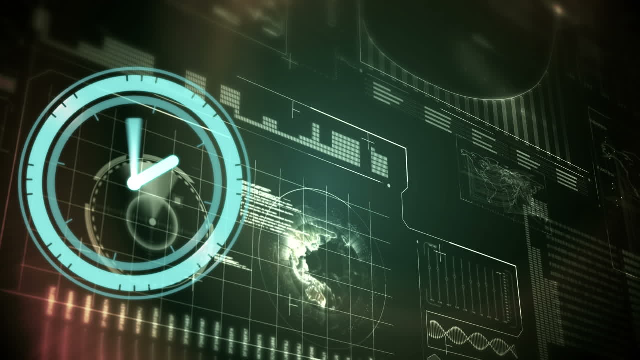 Animation of clock moving over data processing on black background