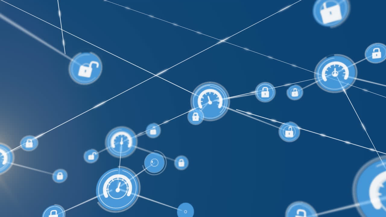 Animation of network of connections with icons over blue background