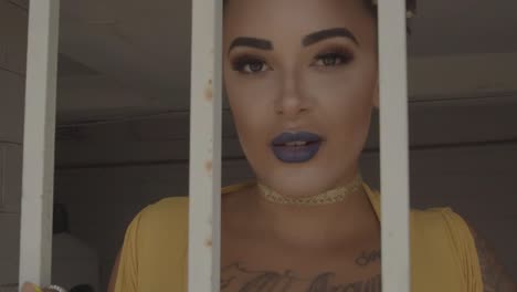 close-up of face of sensual woman gazing intently behind prison bars.