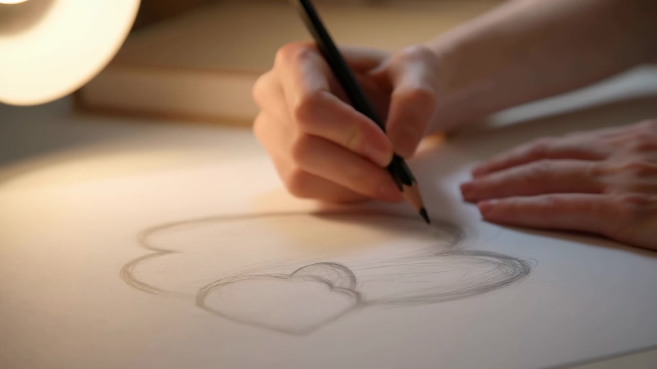 Primo piano di una mano che disegna uno schizzo su carta bianca a una scrivania, con una seconda mano che riposa lì vicino. La calda luce della lampada crea una scena di lavoro morbida e focalizzata