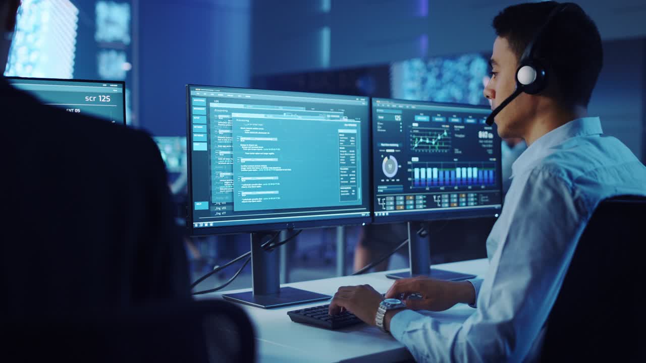 científico de datos masculino confiado trabaja en una computadora personal con auriculares en una gran sala de control y monitoreo de infraestructura. ingeniero joven en una sala de oficina de un centro de llamadas con colegas.