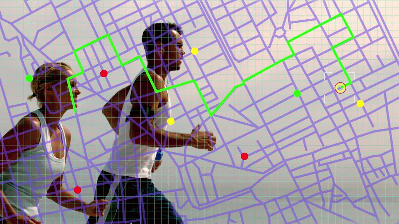 회색 배경에 함께 달리는 코카서스 커플 위의 지도 내비게이션 라인 계획