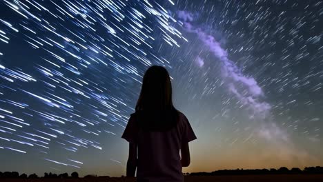 girl stands in a field at night, gazing up at shooting stars streaking across the dark sky