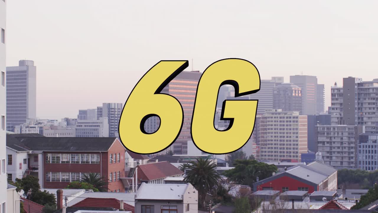 animación de un banner de texto de 6g contra una vista aérea del paisaje urbano