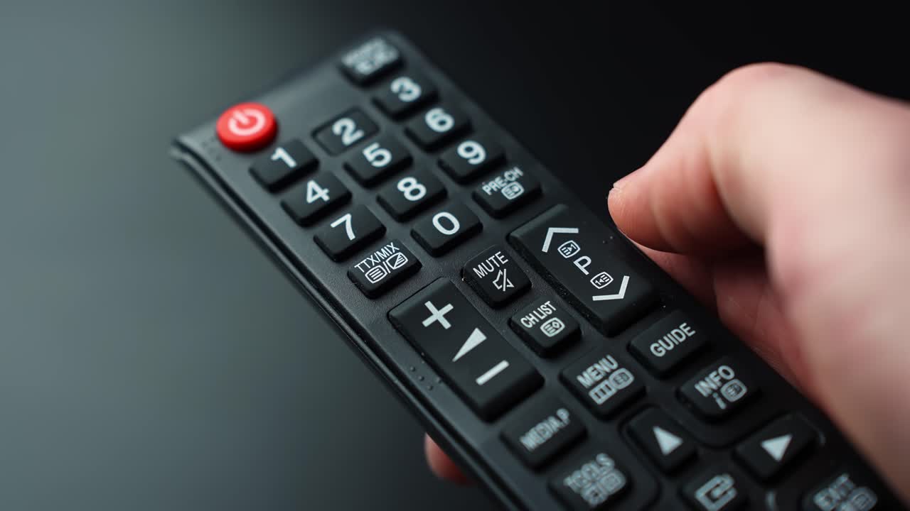 Primo piano di una mano che preme il tasto menu su un telecomando TV, su uno sfondo scuro, con bassa profondità di campo, ideale per temi di streaming, impostazioni, navigazione e intrattenimento domestico.
