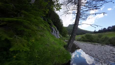 a drone passes above a lake, squeezes between two trees, and passes by a spectacular waterfall