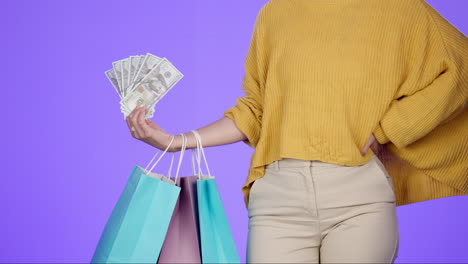 bolsa de compras, dinero y venta con las manos de la mujer