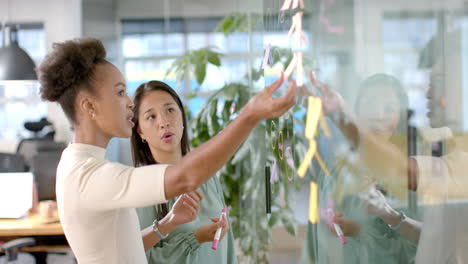 young african american woman discusses business with a biracial woman in an office, with copy space