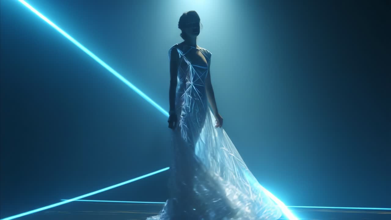A Captivating Display of Light and Elegance as a Model Showcases a Futuristic Dress Emitting Striking Geometric Patterns in a Darkened Environment Enhanced by Luminous Blue Laser Beams