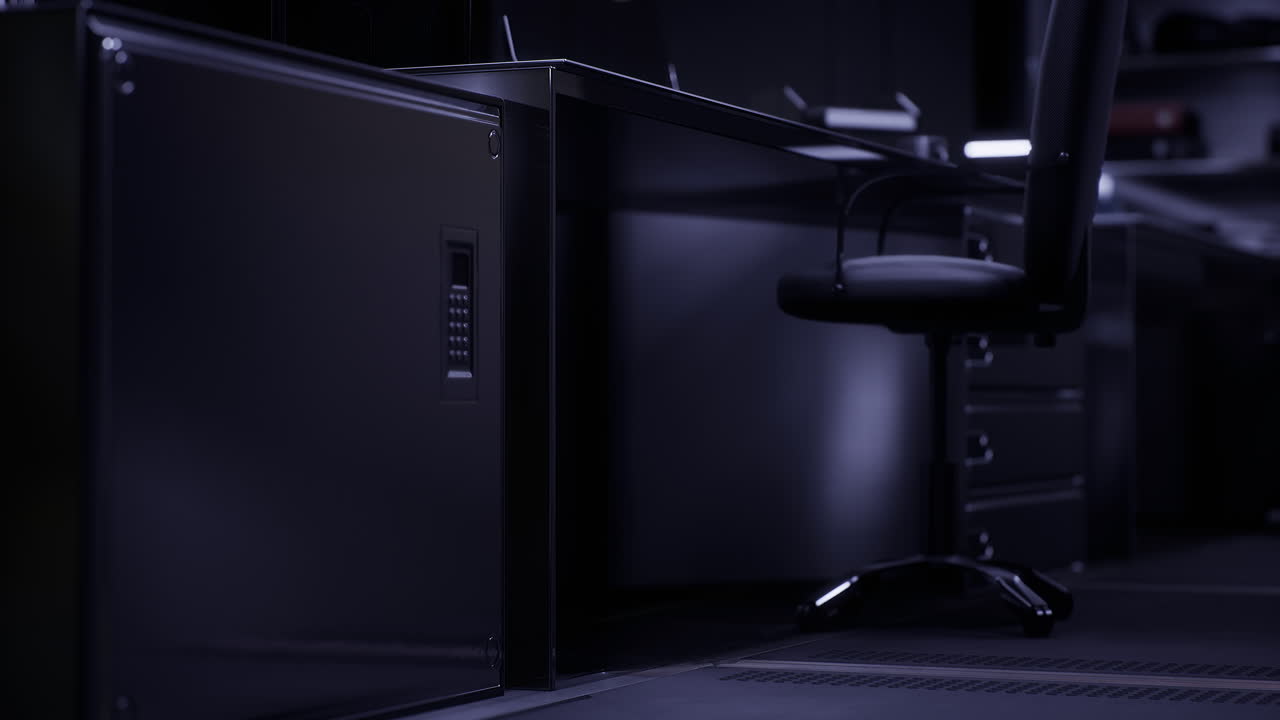 Modern office space with sleek furniture and hidden storage in dim lighting