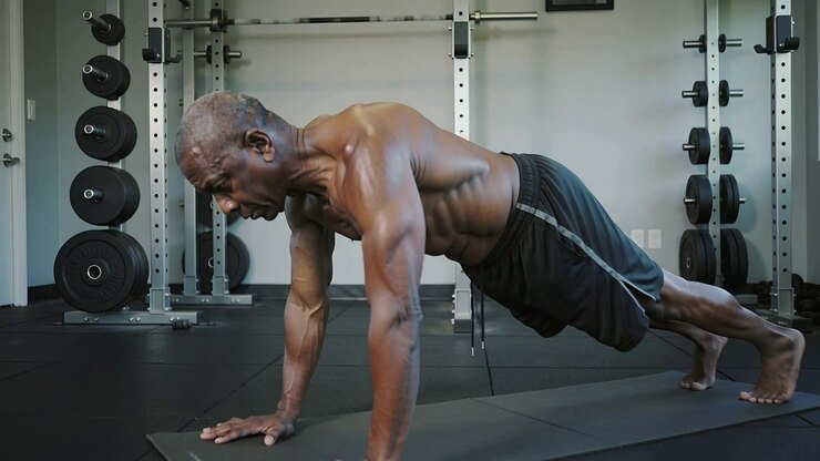 Starting high plank, senior man doing push-ups in gym shirtless, training core with rack and plates