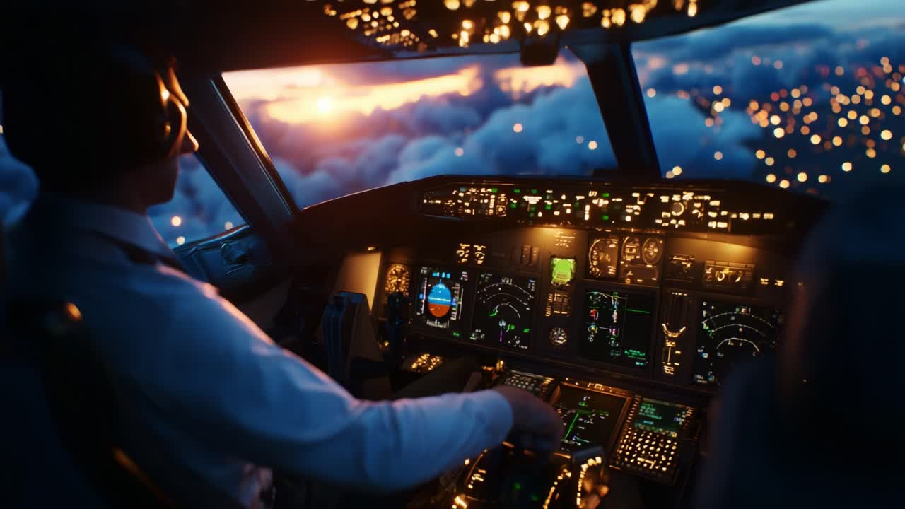Captivating Views from the Cockpit: A Pilot's Perspective as the Sun Sets Over the Clouds, Illuminating the Control Panel with Soft Light, Enhancing the Experience of Flight and Navigation