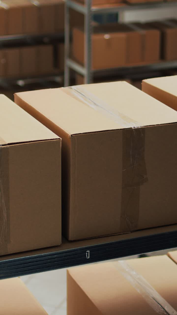 Vertical video: Storage room space filled with carton packages on shelves and racks