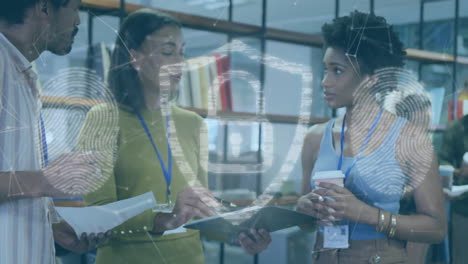 animation of padlock and data processing over diverse business people in office