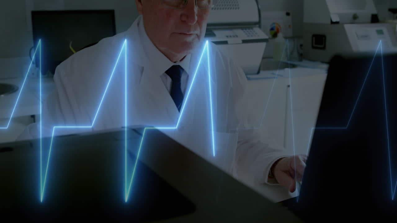 Scientist in lab coat working on computer with heartbeat animation overlay