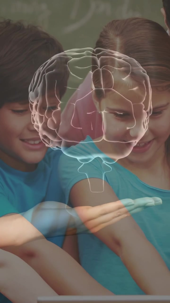 Vertical video: Students crowding laptop, laptop launching brain hologram above palms for learning