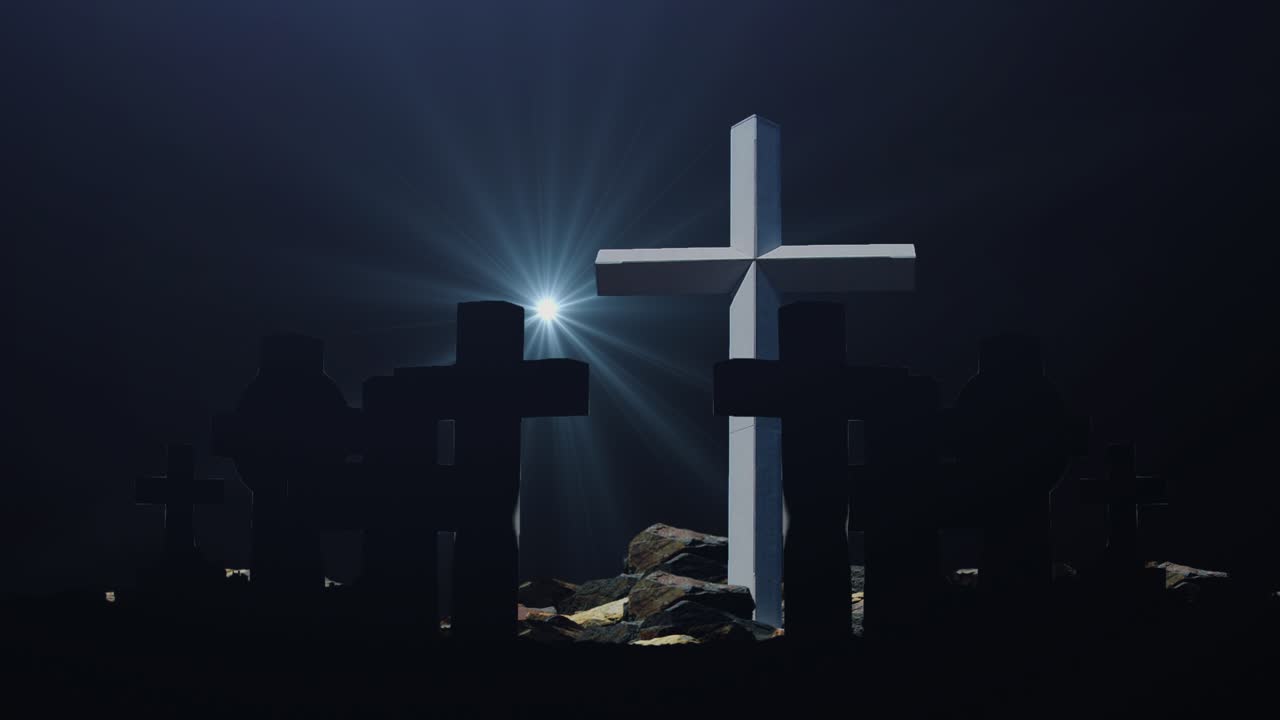 십자가 실루엣과 밝은 별의 기둥, 어두운 배경