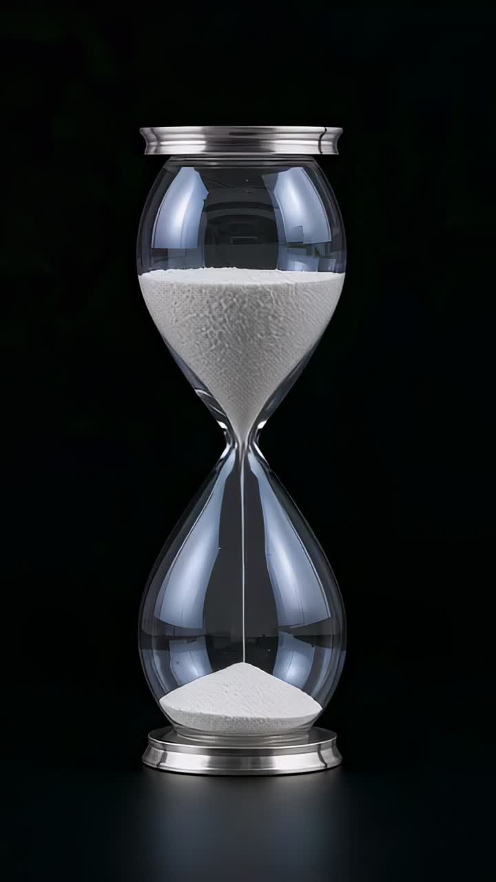 Vertical video: Showing hourglass flowing white sand through waist on black table, marking time