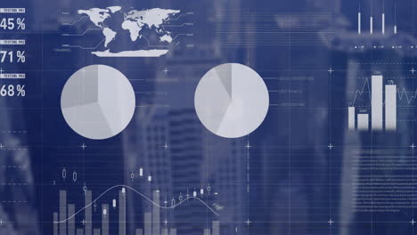 animation of infographic interface over aerial view of modern cityscape against sky