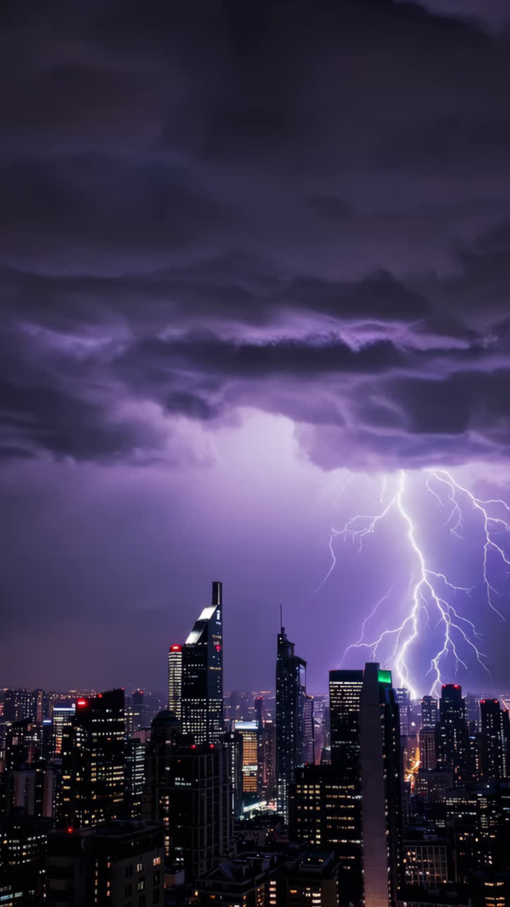 Dramatic Lightning Strike Over City Skyline at Night