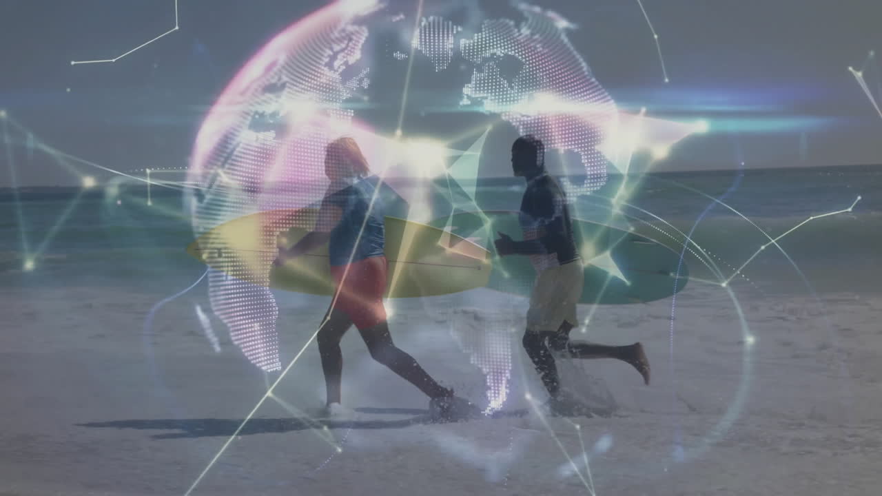 Two surfers running along sandy shore, carrying surfboards, showing tech globe network overlay