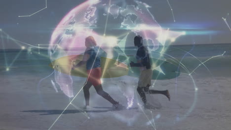 two surfers running along sandy shore, carrying surfboards, showing tech globe network overlay