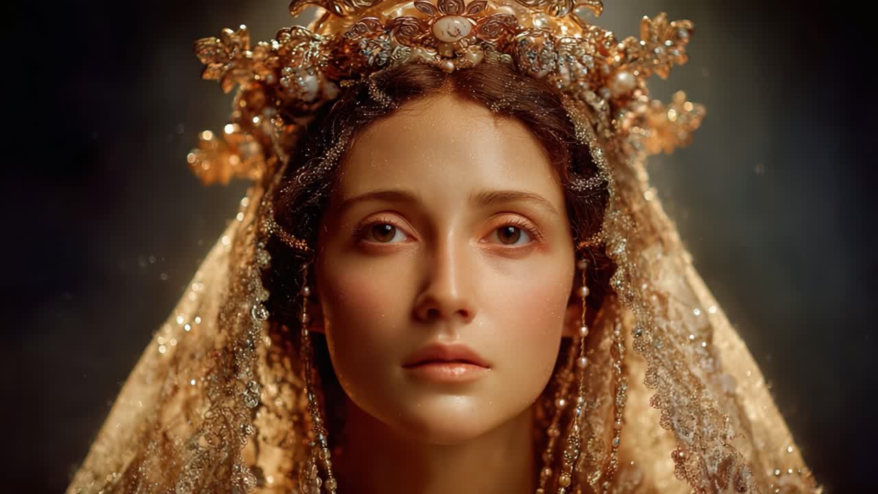 Um Retrato Sereno de uma Mulher Adornada com Joias Ornamentadas e Véu Régio, Capturado com Iluminação Etérea e Texturas Detalhadas Refletindo Beleza Atemporal
