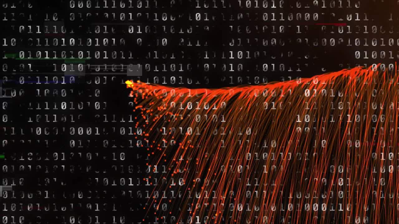 Animation of binary coding over red flowing light trails on black background