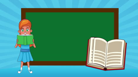 niña estudiante leyendo un libro y un personaje animado de pizarra
