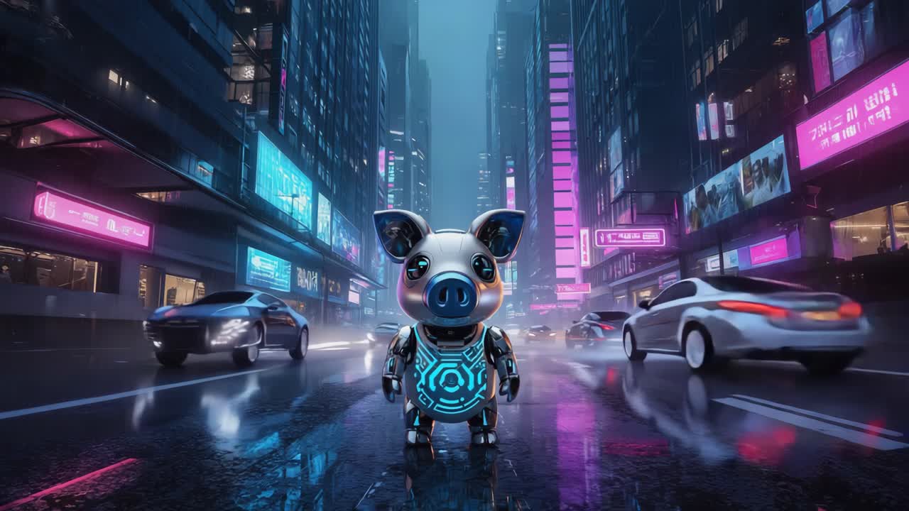 Cyberpunk Pig Robot in Cityscape